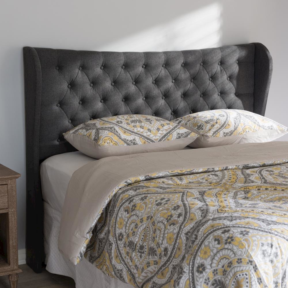 Dark Grey Fabric Button-Tufted King Size Winged Headboard