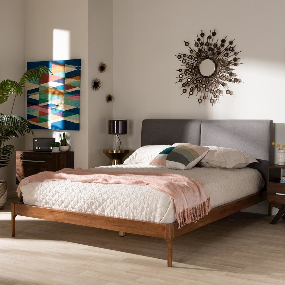 Grey Fabric Upholstered Walnut Finished King Size Platform Bed