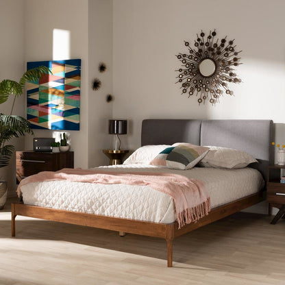 Grey Fabric Upholstered Walnut Finished King Size Platform Bed
