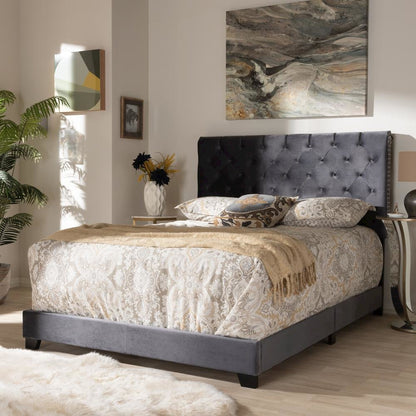 Candace Luxe and Glamour Dark Grey Velvet Upholstered King Size Bed