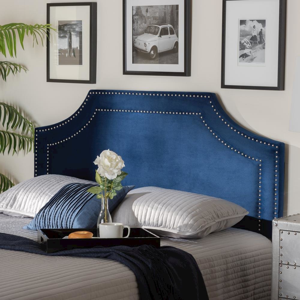 Navy Blue Velvet Fabric Upholstered King Size Headboard