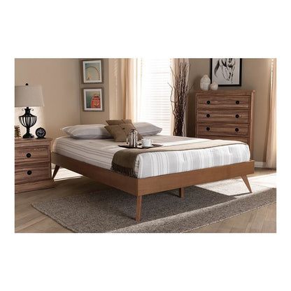 Mid-Century Modern Walnut Brown Finished Wood Queen Size Platform Bed Frame