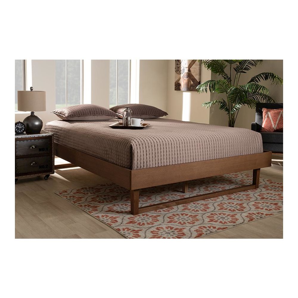 Walnut Brown Finished Wood Queen Size Platform Bed Frame