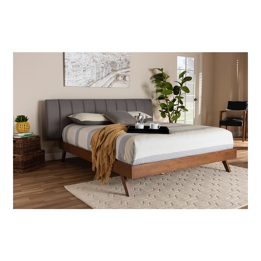 Grey Fabric Upholstered Walnut Finished Wood King Size Bed