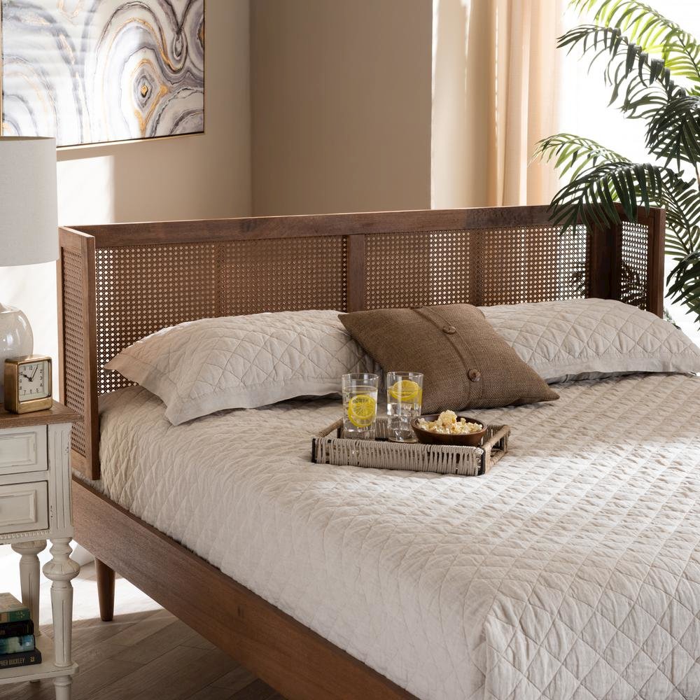 Ash Wanut Finished Wood and Synthetic Rattan King Size Wrap-Around Headboard