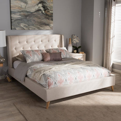 Adelaide Retro Modern Light Beige Fabric Upholstered King Size Platform Bed
