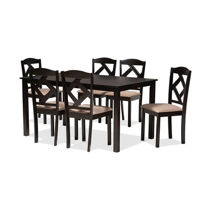 Ruth Sand Fabric Upholstered and Dark Brown Finished Wood 7-Piece Dining Set