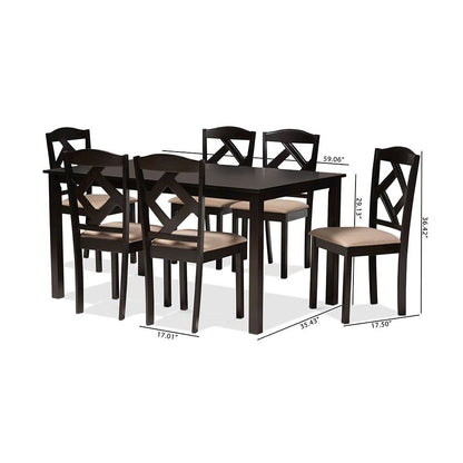 Ruth Sand Fabric Upholstered and Dark Brown Finished Wood 7-Piece Dining Set