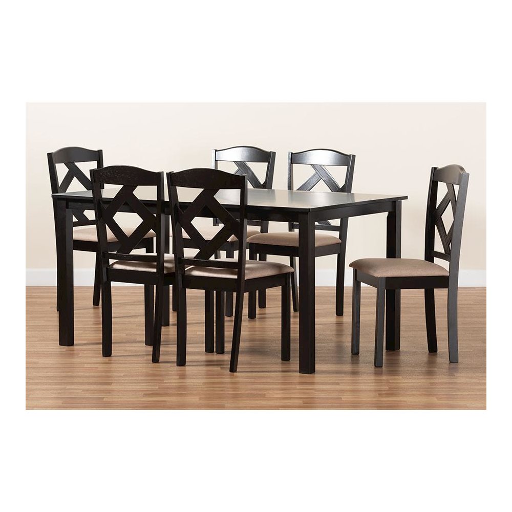 Ruth Sand Fabric Upholstered and Dark Brown Finished Wood 7-Piece Dining Set