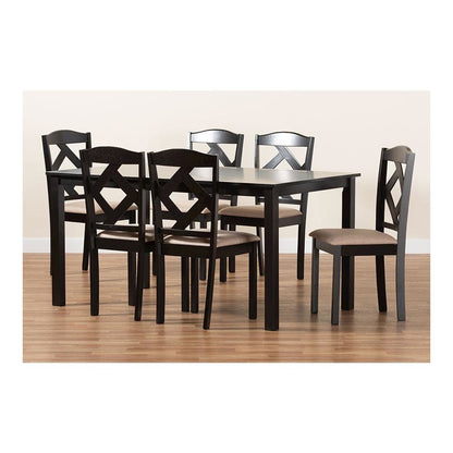 Ruth Sand Fabric Upholstered and Dark Brown Finished Wood 7-Piece Dining Set