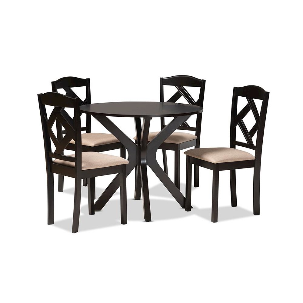 Carlin Sand Fabric Upholstered and Dark Brown Finished Wood 5-Piece Dining Set