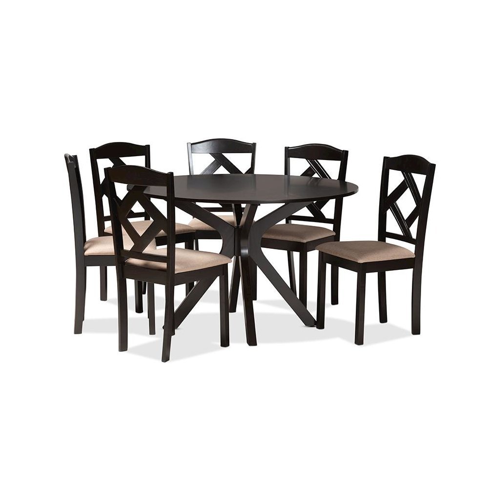 Carlin Sand Fabric Upholstered and Dark Brown Finished Wood 7-Piece Dining Set