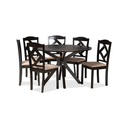 Carlin Sand Fabric Upholstered and Dark Brown Finished Wood 7-Piece Dining Set