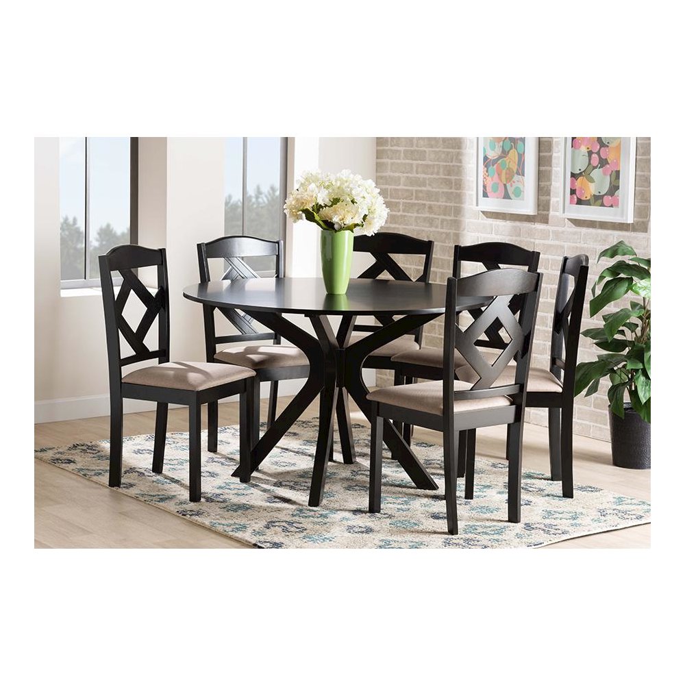 Carlin Sand Fabric Upholstered and Dark Brown Finished Wood 7-Piece Dining Set