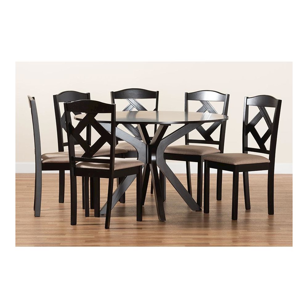 Carlin Sand Fabric Upholstered and Dark Brown Finished Wood 7-Piece Dining Set