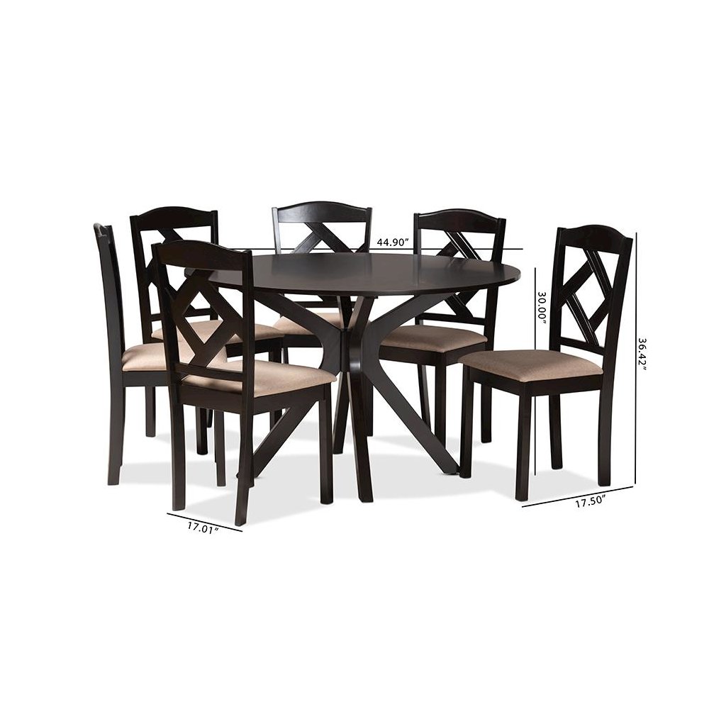 Carlin Sand Fabric Upholstered and Dark Brown Finished Wood 7-Piece Dining Set