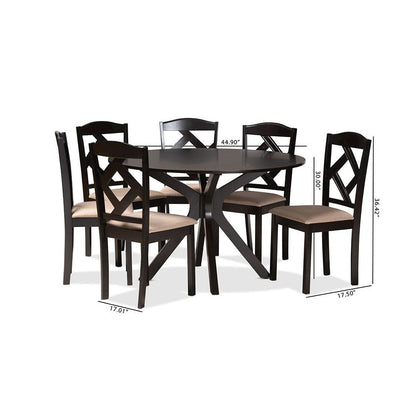 Carlin Sand Fabric Upholstered and Dark Brown Finished Wood 7-Piece Dining Set