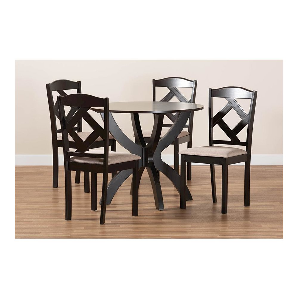 Sand Fabric Upholstered and Dark Brown Finished Wood 5-Piece Dining Set