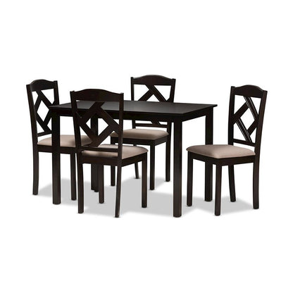 Beige Fabric Upholstered and Dark Brown Finished 5-Piece Dining Set