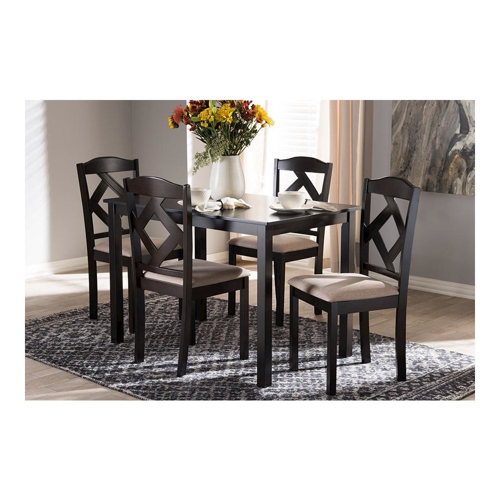 Beige Fabric Upholstered and Dark Brown Finished 5-Piece Dining Set