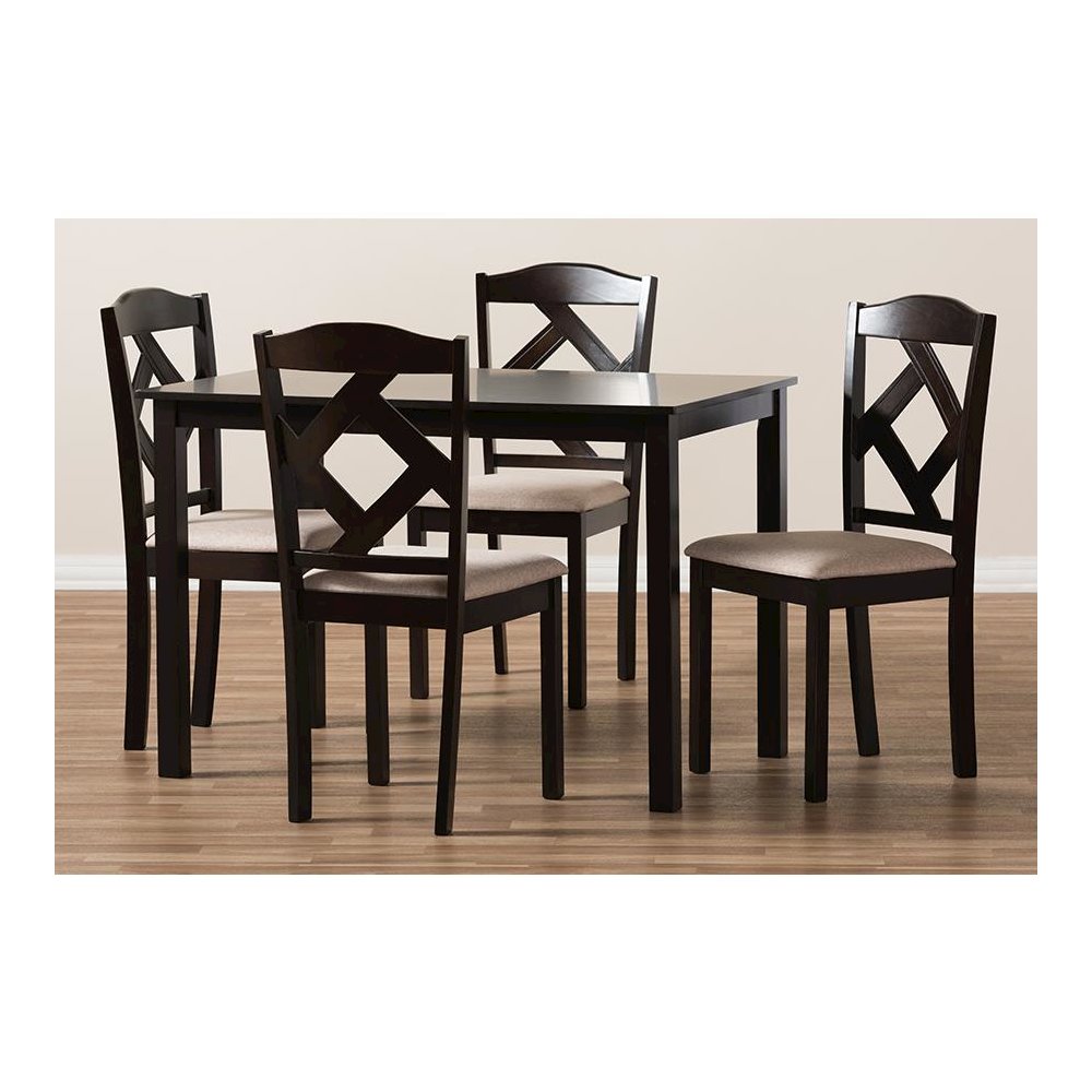 Beige Fabric Upholstered and Dark Brown Finished 5-Piece Dining Set
