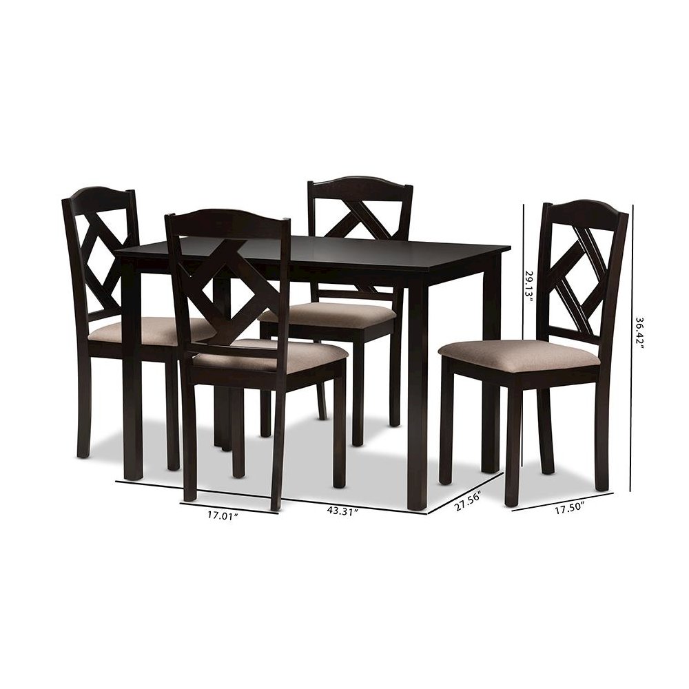 Beige Fabric Upholstered and Dark Brown Finished 5-Piece Dining Set