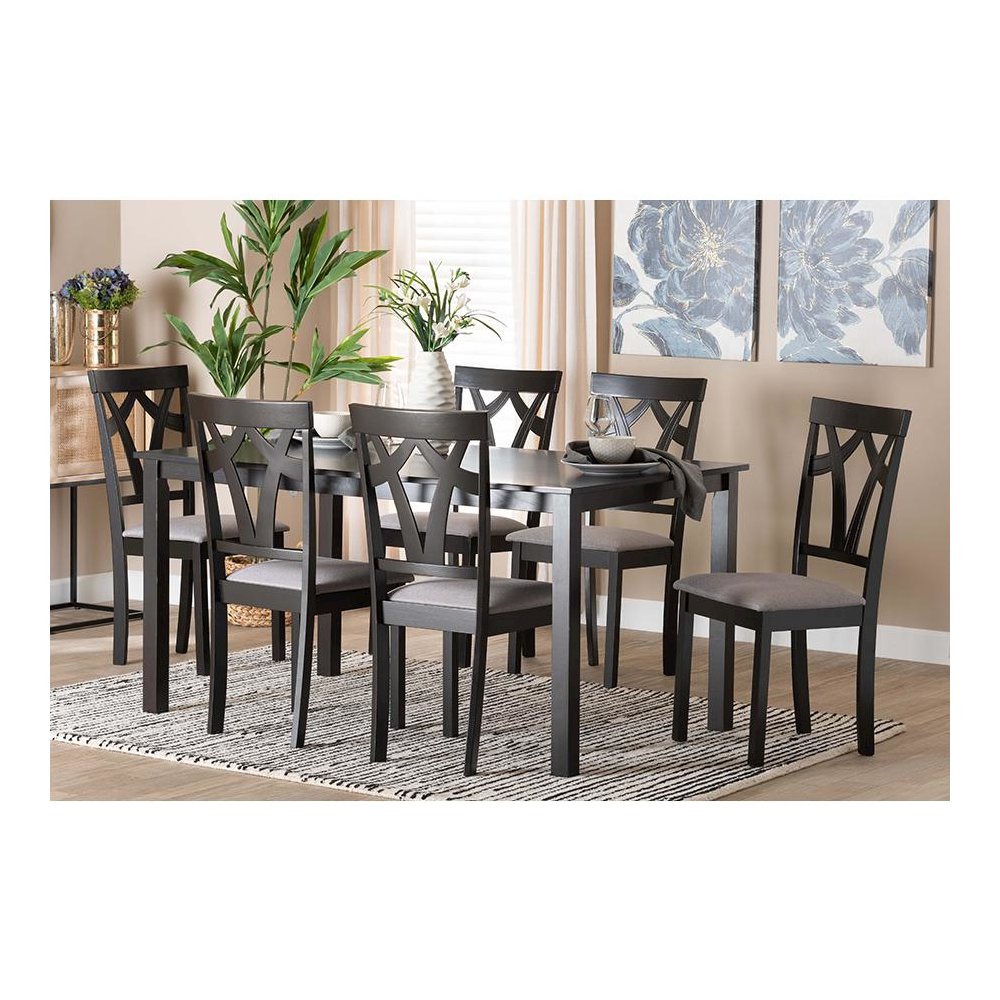 Sylvia Modern Grey Fabric and Dark Brown Finished Wood 7-Piece Dining Set