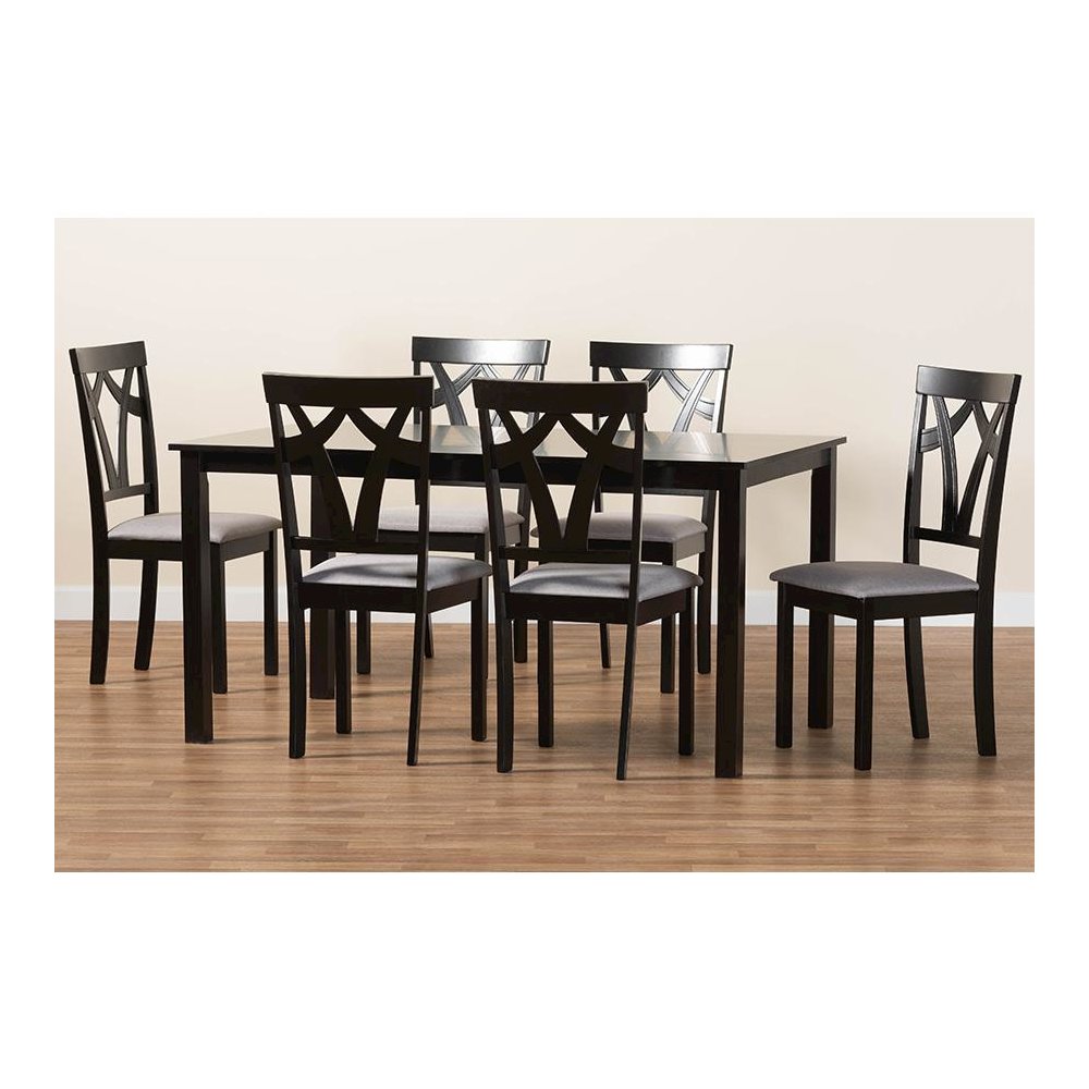 Sylvia Modern Grey Fabric and Dark Brown Finished Wood 7-Piece Dining Set