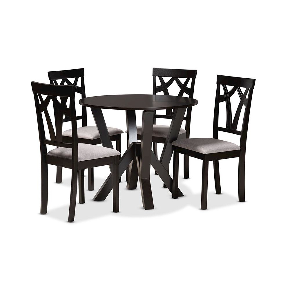 Grey Fabric Upholstered and Dark Brown Finished Wood 5-Piece Dining Set