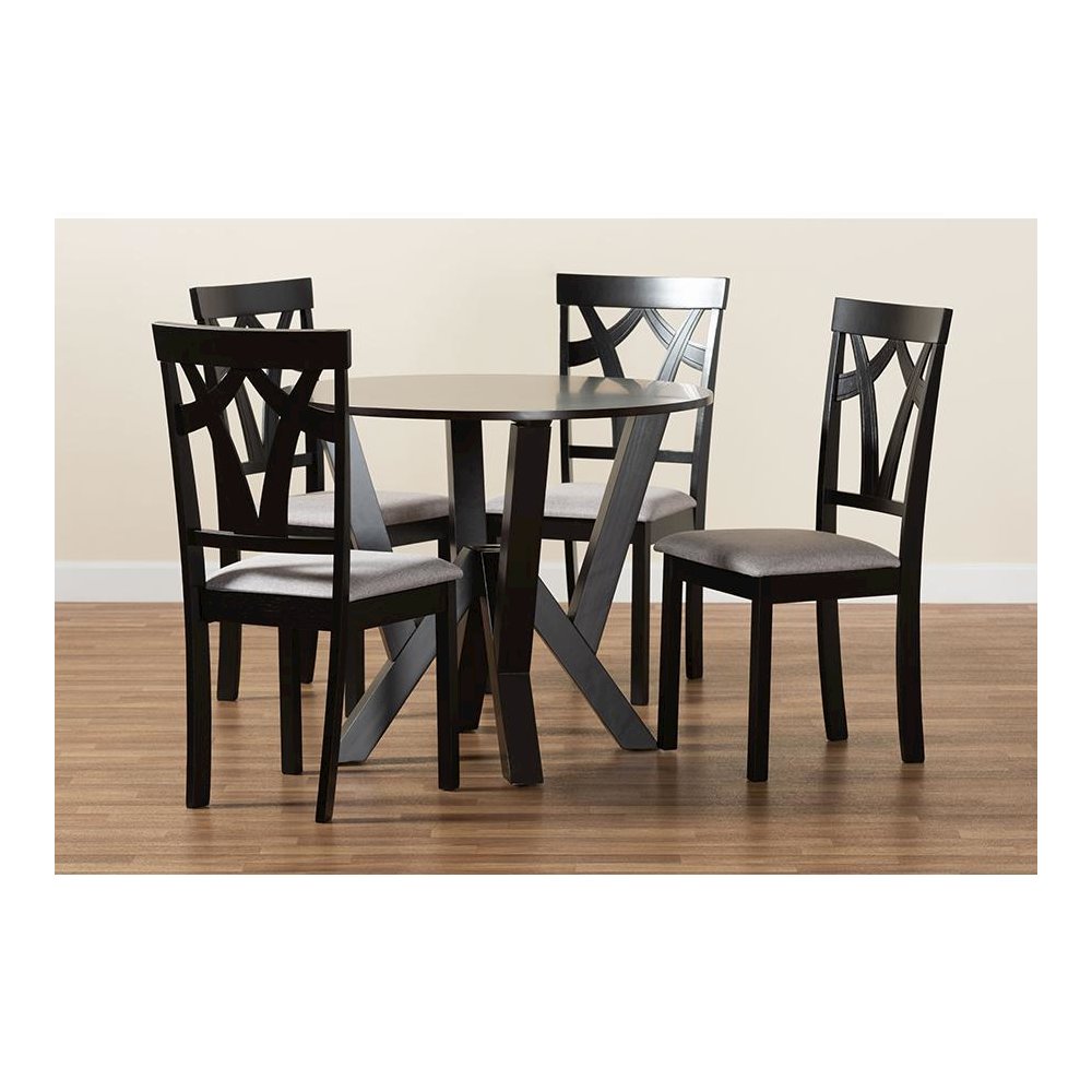 Grey Fabric Upholstered and Dark Brown Finished Wood 5-Piece Dining Set