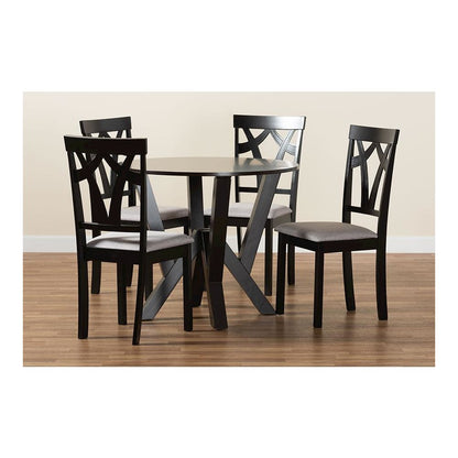 Grey Fabric Upholstered and Dark Brown Finished Wood 5-Piece Dining Set