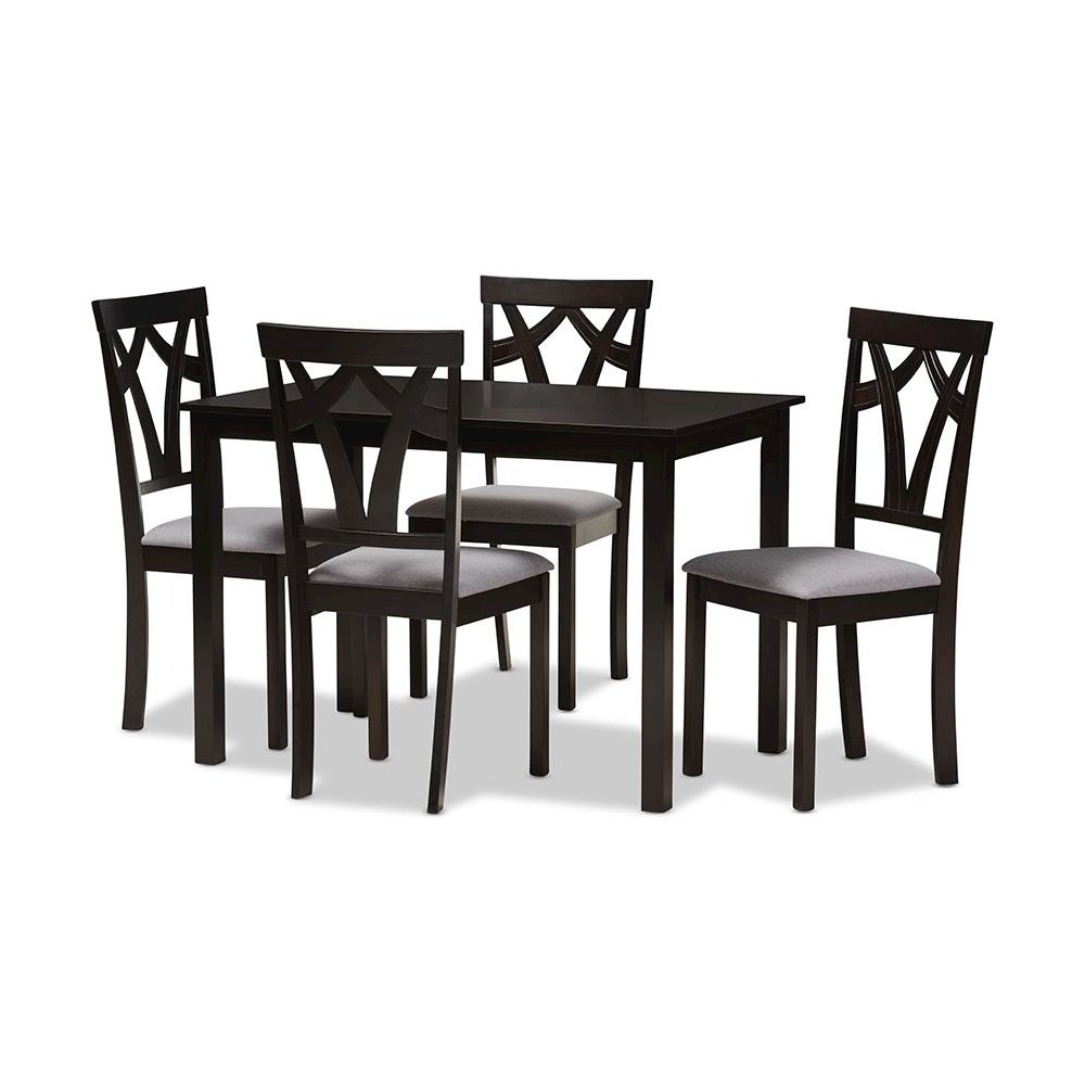Grey Fabric Upholstered and Dark Brown Finished 5-Piece Dining Set