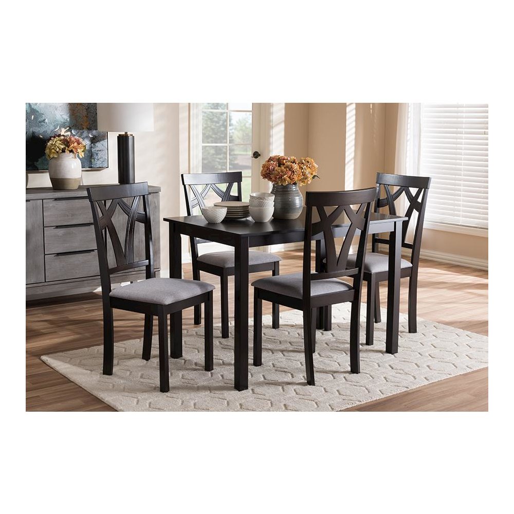 Grey Fabric Upholstered and Dark Brown Finished 5-Piece Dining Set