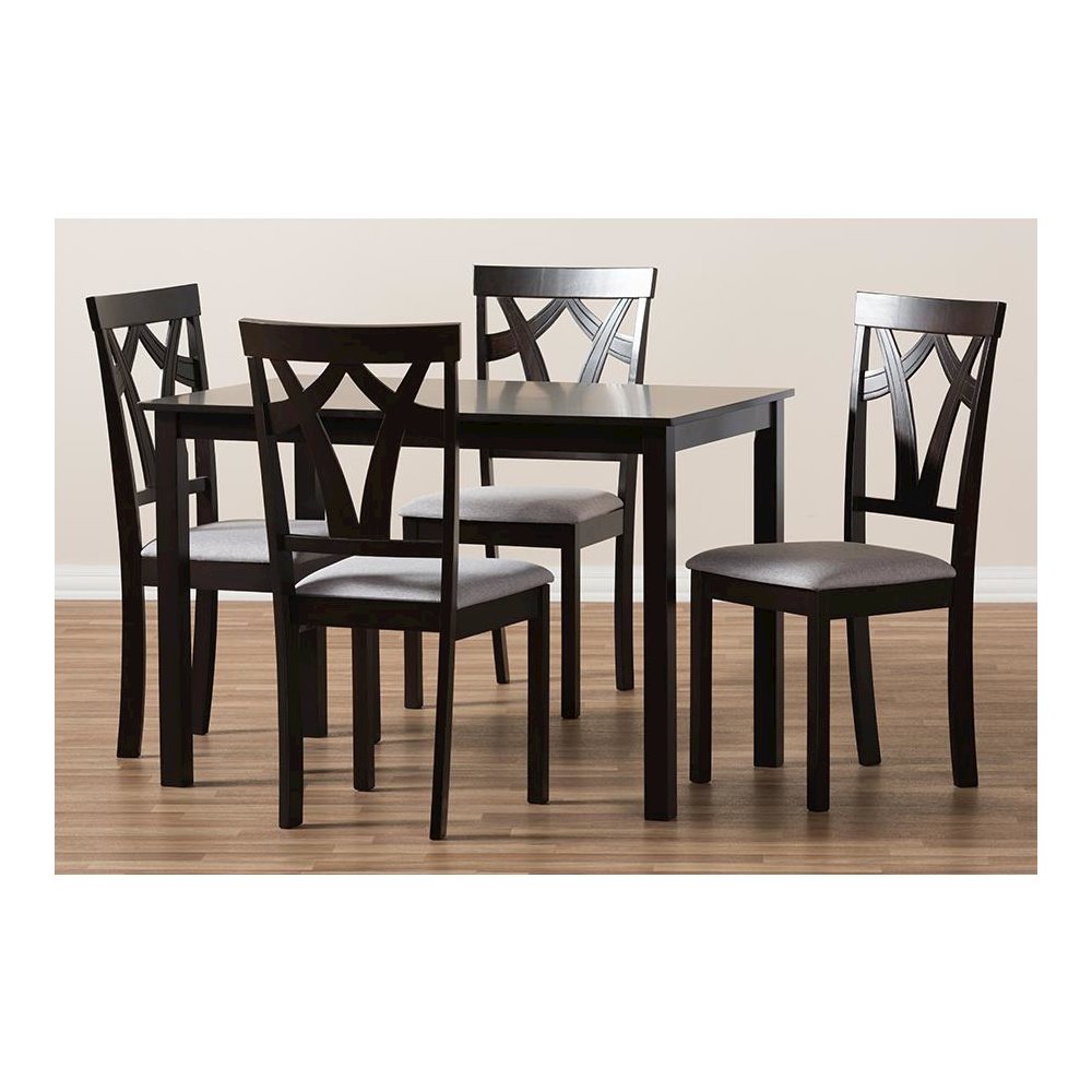 Grey Fabric Upholstered and Dark Brown Finished 5-Piece Dining Set