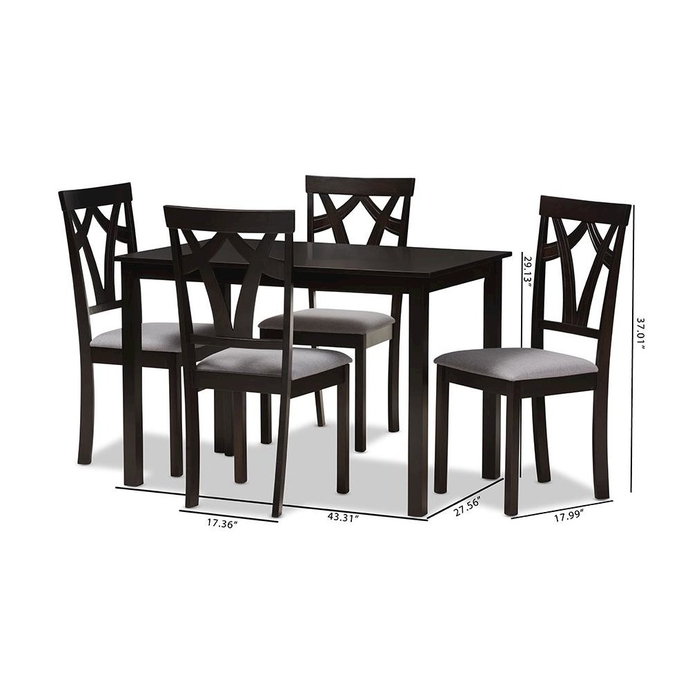 Grey Fabric Upholstered and Dark Brown Finished 5-Piece Dining Set