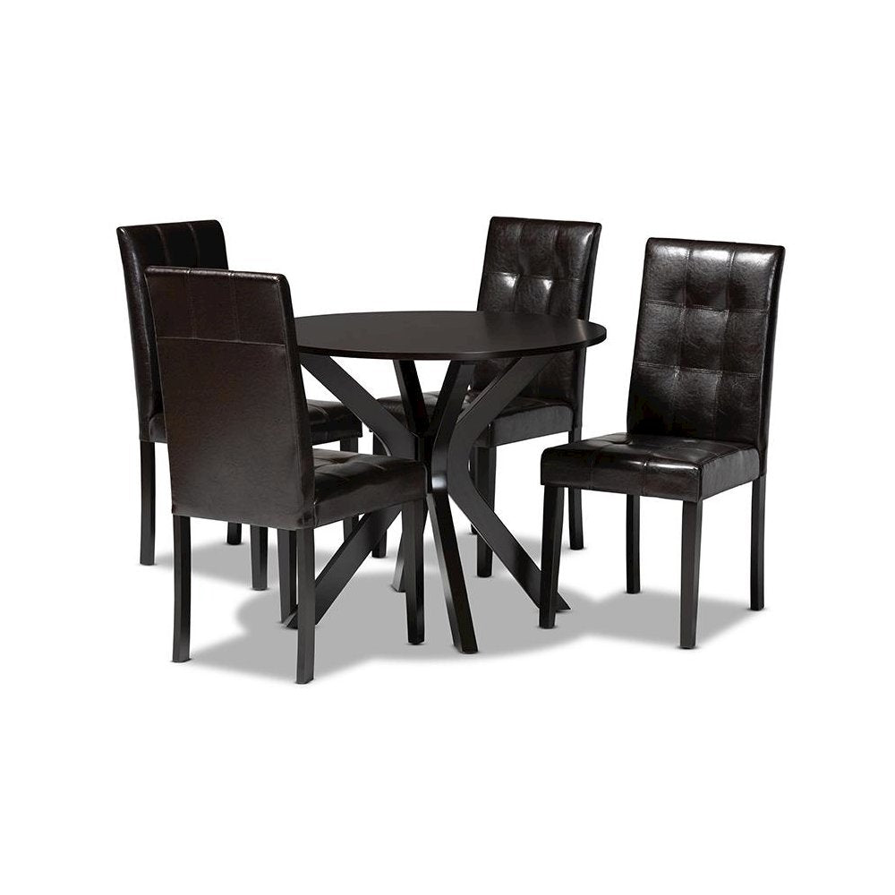 Leather Upholstered and Dark brown Finished Wood 5-Piece Dining Set