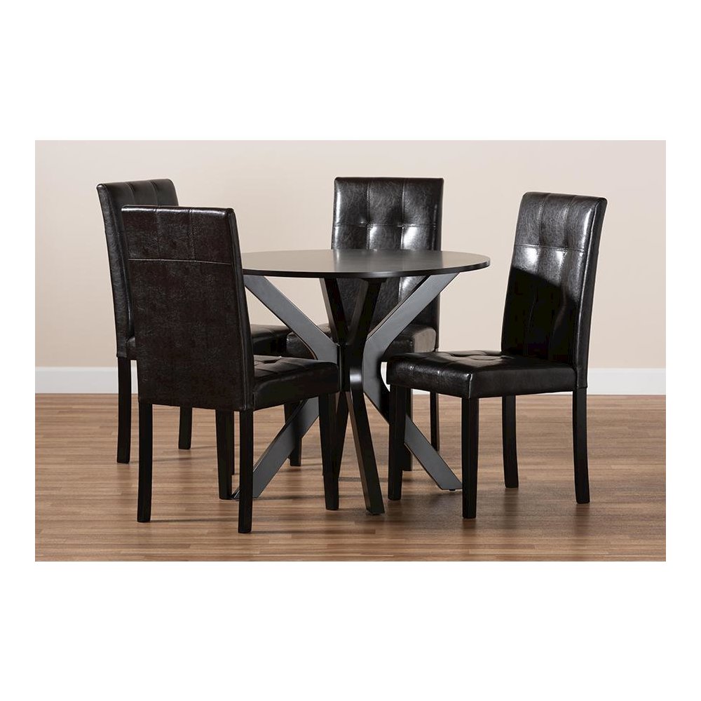 Leather Upholstered and Dark brown Finished Wood 5-Piece Dining Set