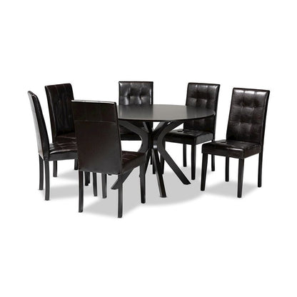 Leather Upholstered and Dark brown Finished Wood 7-Piece Dining Set