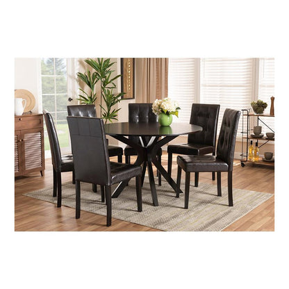 Leather Upholstered and Dark brown Finished Wood 7-Piece Dining Set