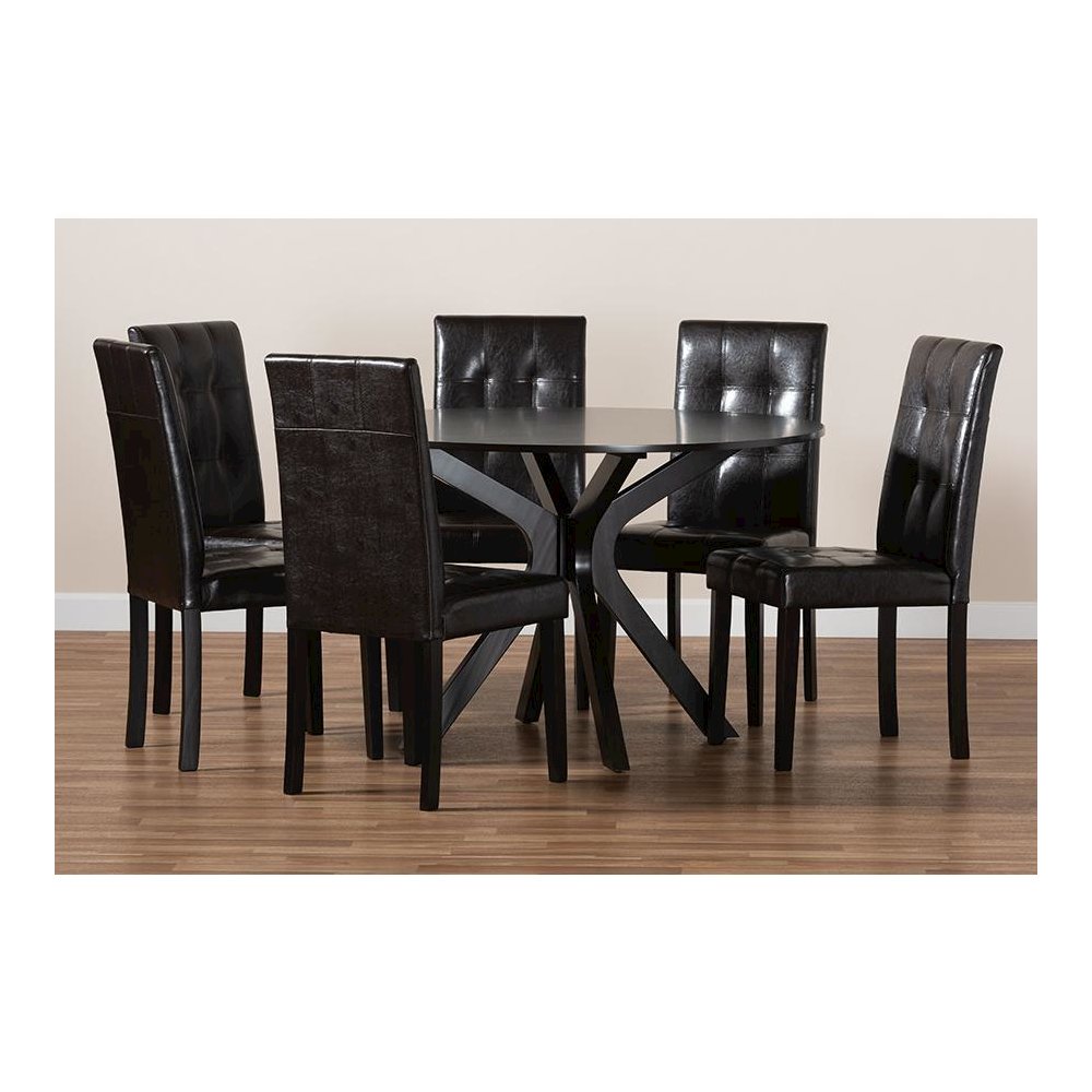 Leather Upholstered and Dark brown Finished Wood 7-Piece Dining Set