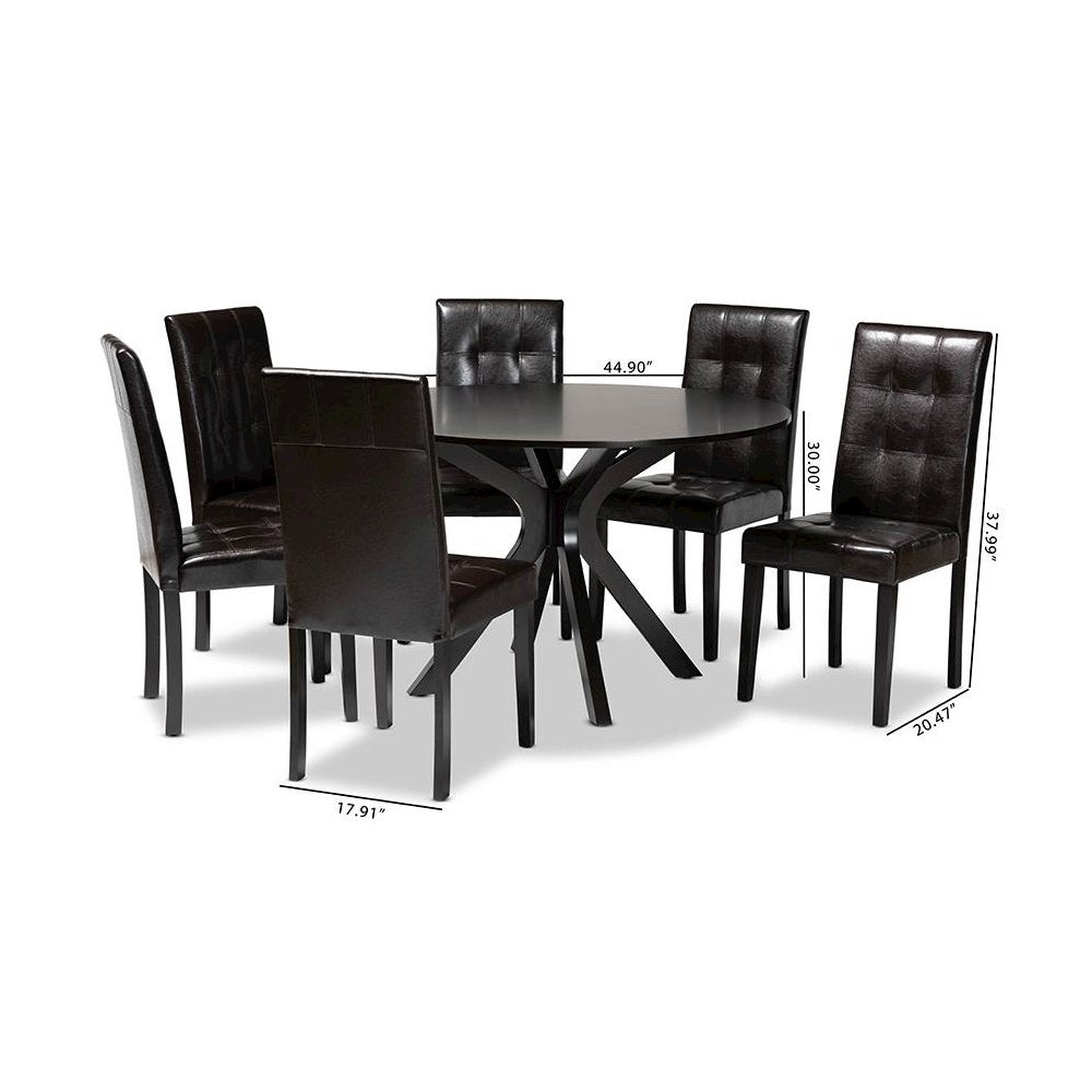 Leather Upholstered and Dark brown Finished Wood 7-Piece Dining Set