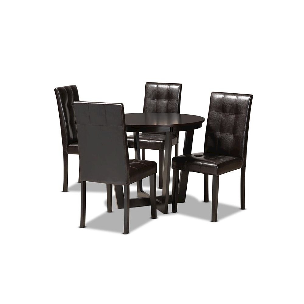 Leather Upholstered and Dark Brown Finished Wood 5-Piece Dining Set