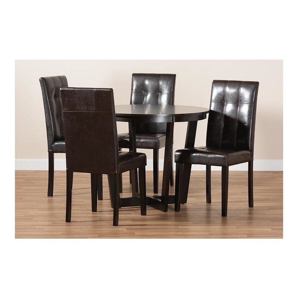Leather Upholstered and Dark Brown Finished Wood 5-Piece Dining Set