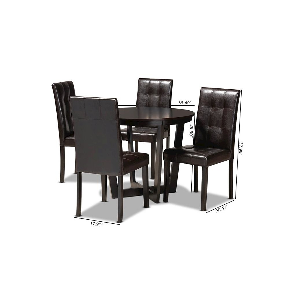 Leather Upholstered and Dark Brown Finished Wood 5-Piece Dining Set