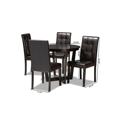 Leather Upholstered and Dark Brown Finished Wood 5-Piece Dining Set