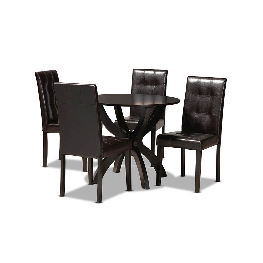 Leather Upholstered and Dark Brown Finished Wood 5-Piece Dining Set
