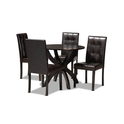 Leather Upholstered and Dark Brown Finished Wood 5-Piece Dining Set