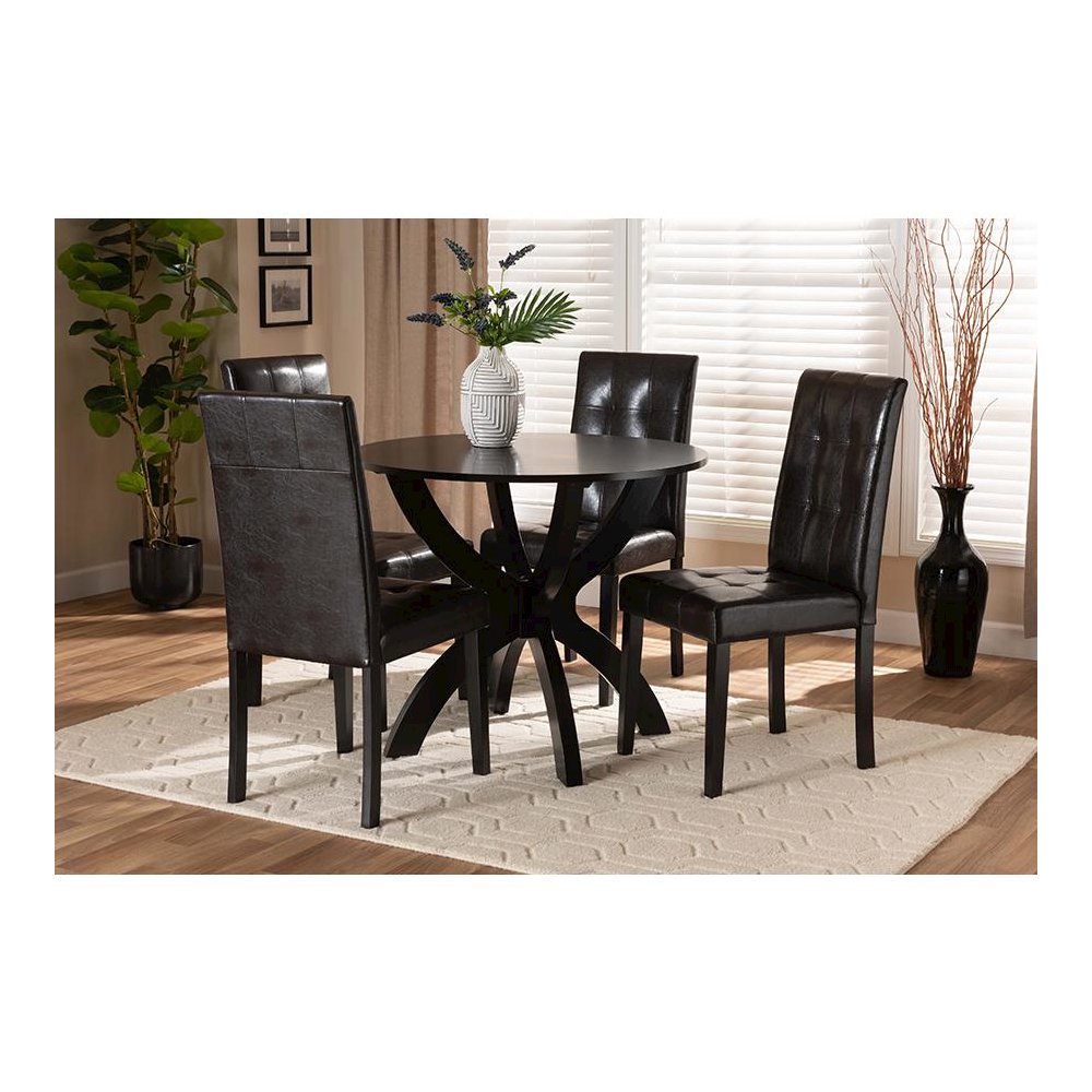 Leather Upholstered and Dark Brown Finished Wood 5-Piece Dining Set