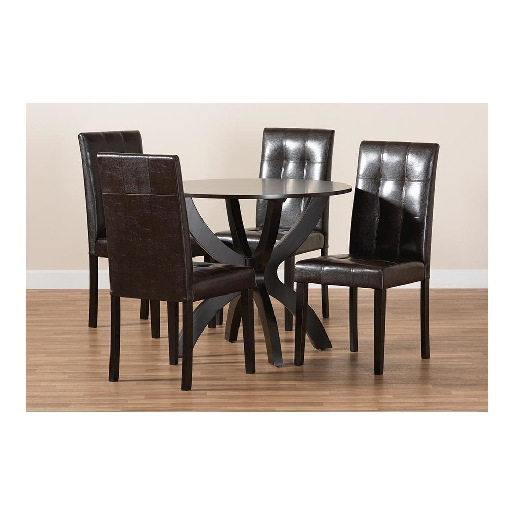 Leather Upholstered and Dark Brown Finished Wood 5-Piece Dining Set