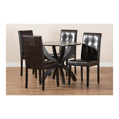 Leather Upholstered and Dark Brown Finished Wood 5-Piece Dining Set